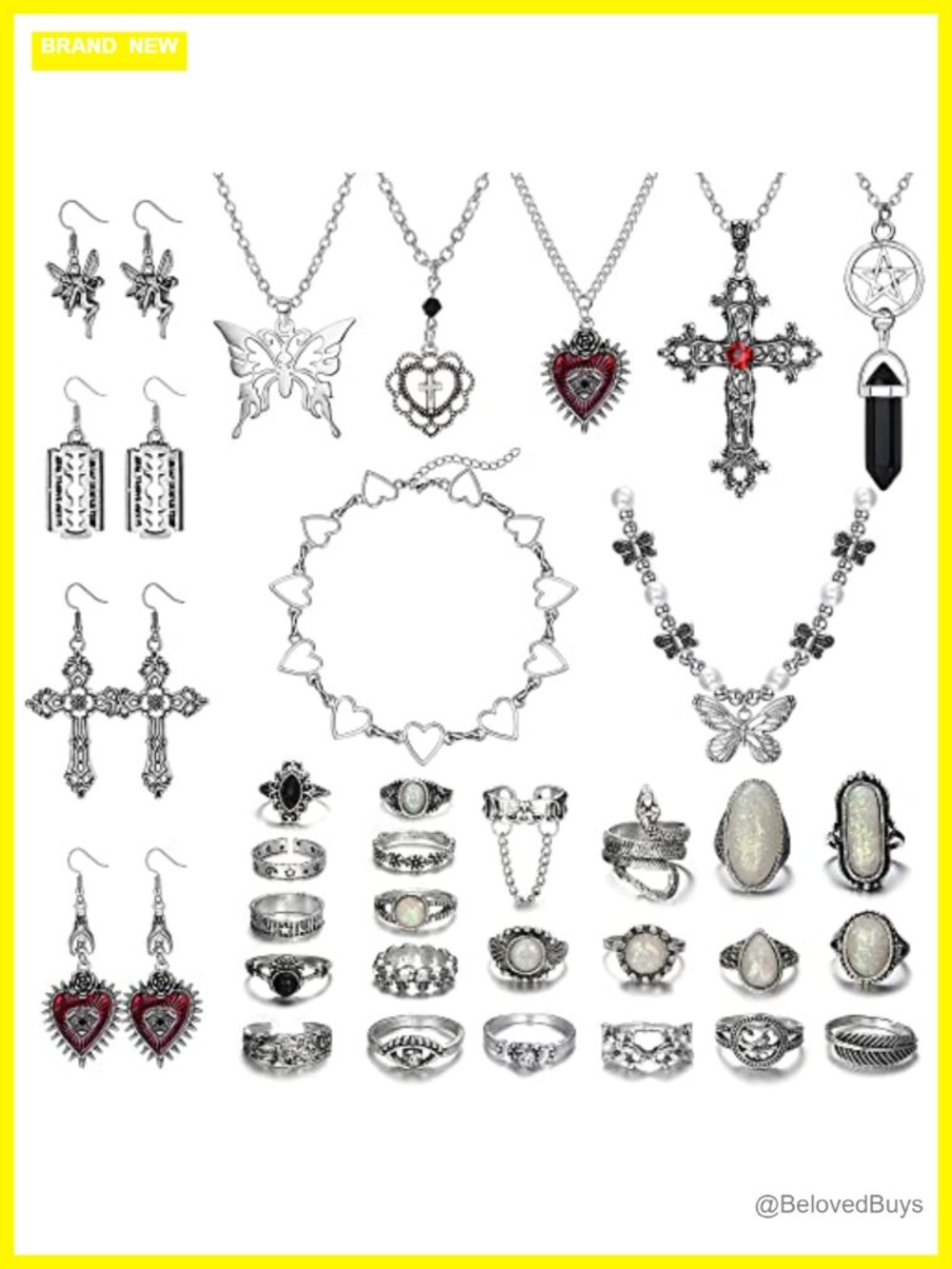 33Pc Y2K Grunge Punk Jewelry Set Necklace Earrings Rings